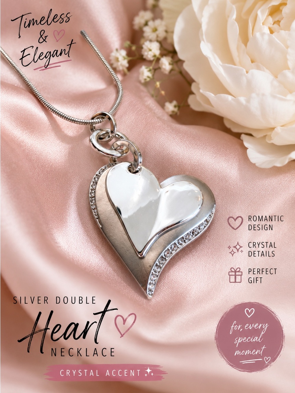 Silver Double Heart Pendant Necklace | Crystal Accent